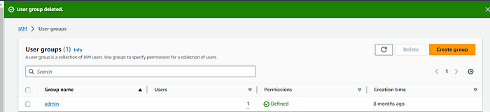 Deleting the development IAM group.
