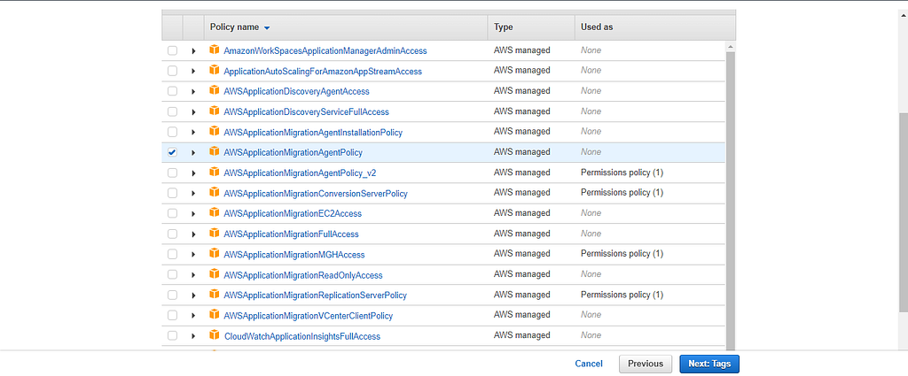 Selecting the required AWS permissions