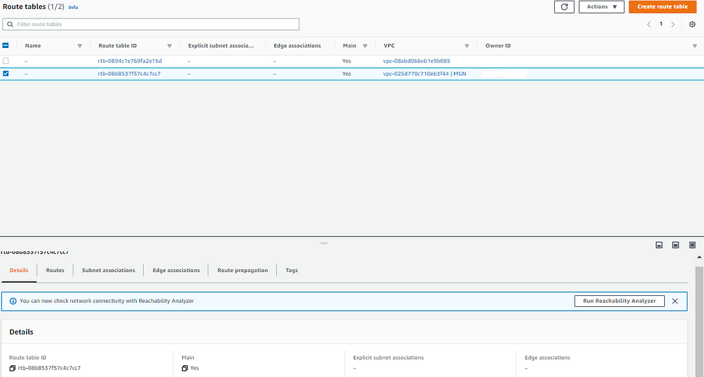 The VPC route table before adding internet access