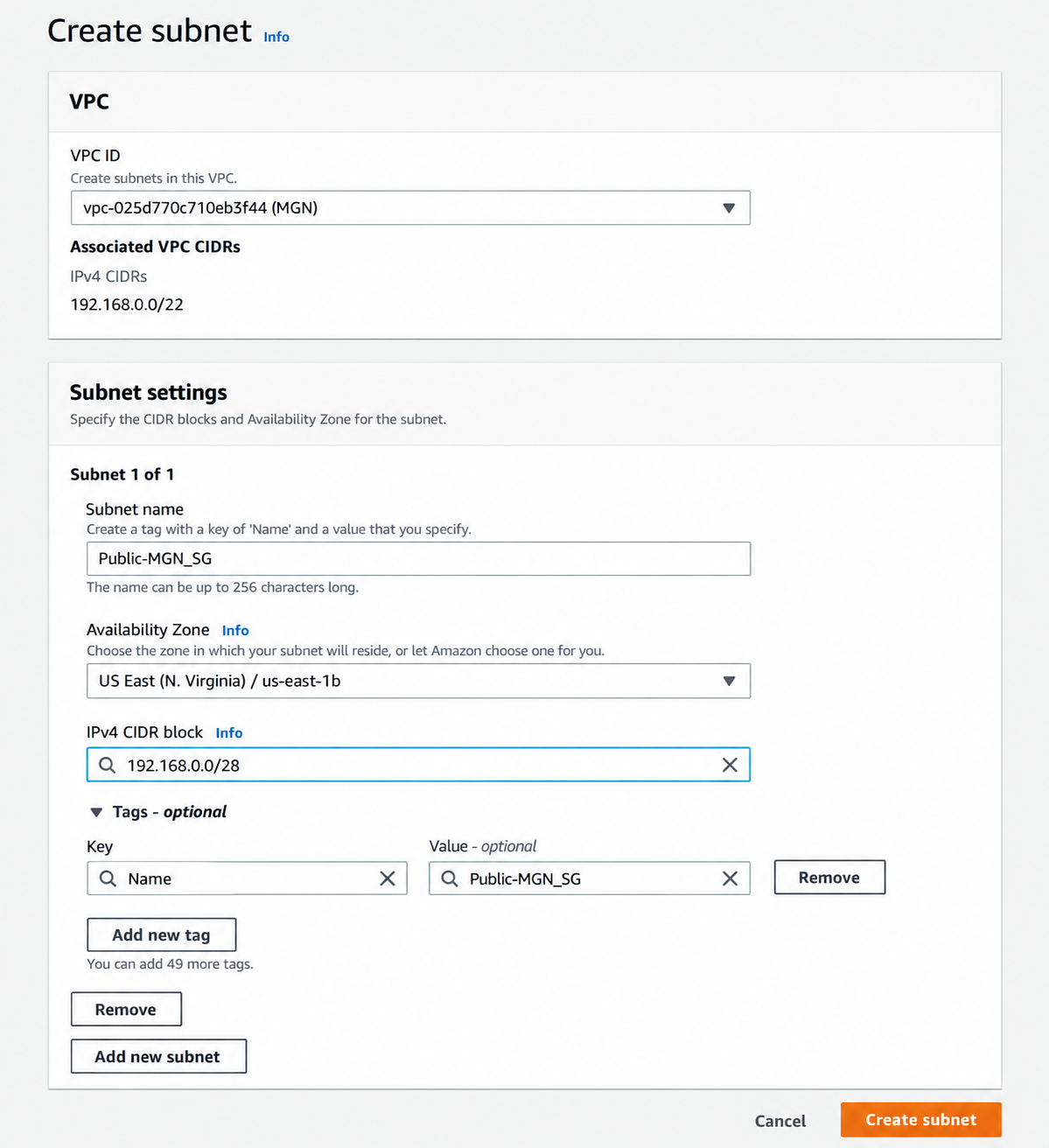 Creating the subnet and choosing its CIDR range