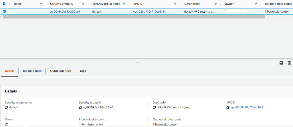 Selecting the security group in the new VPC