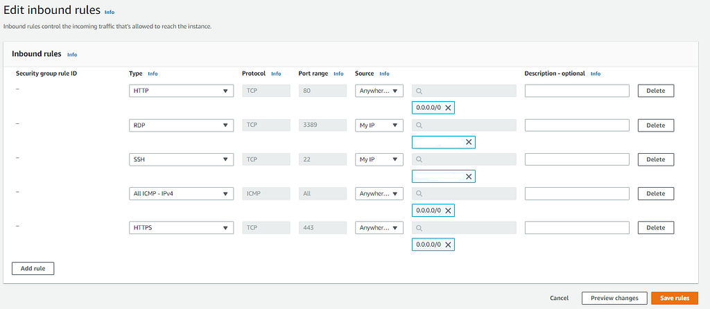 Editing the inbound rules