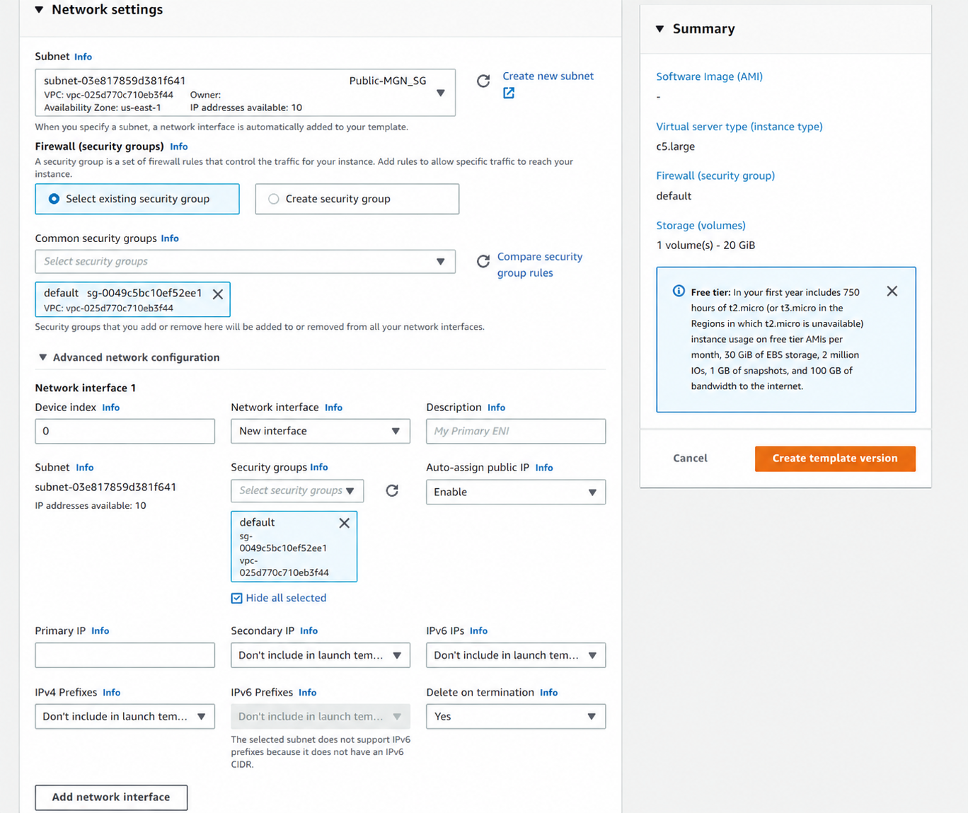 Configuring the subnet and security group