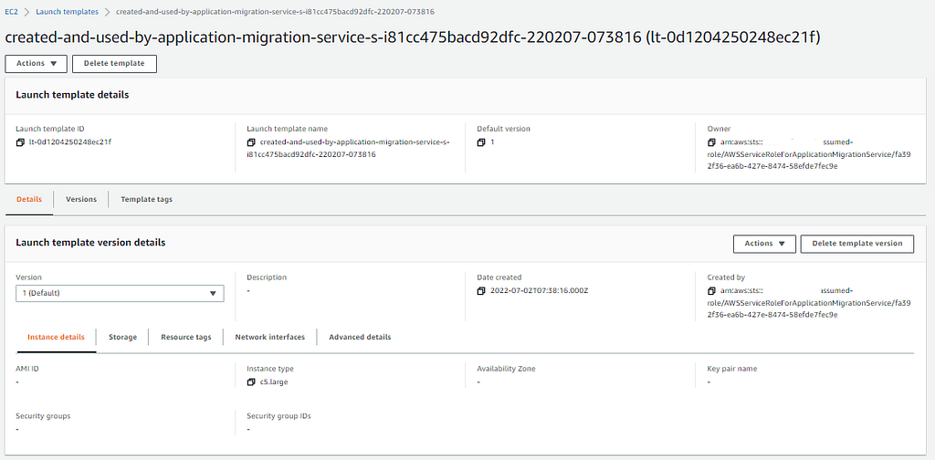 The default EC2 launch template MGN created