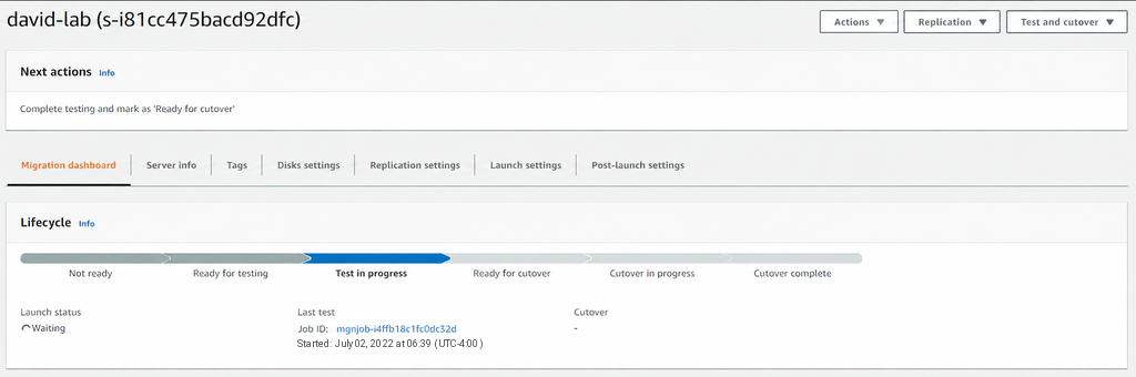 Following the test launch from the source-server page