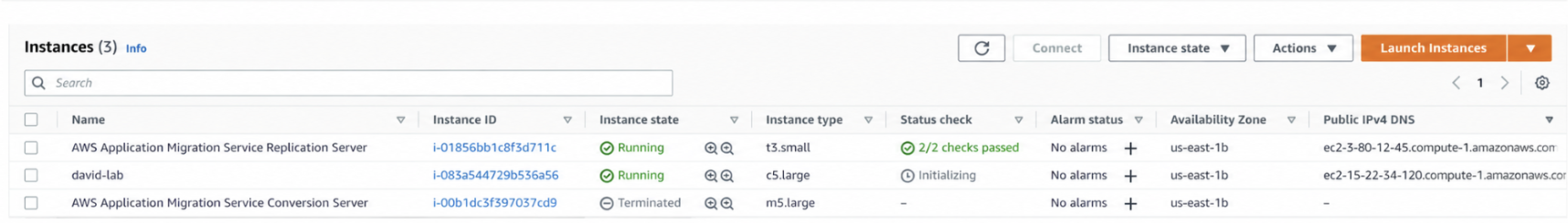 MGN resources and the test instance in EC2