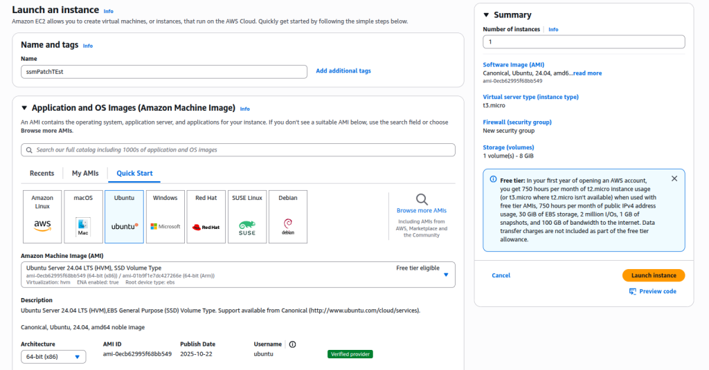 Launching the Ubuntu EC2 instance used for patch testing