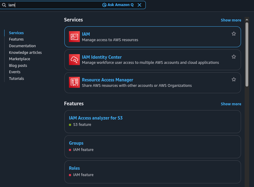 Opening IAM to create the EC2 role