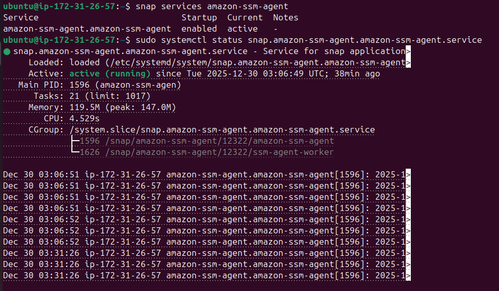 SSM Agent is active and running on the Ubuntu instance