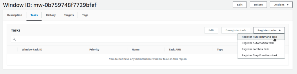 Registering a Run Command task in the Maintenance Window