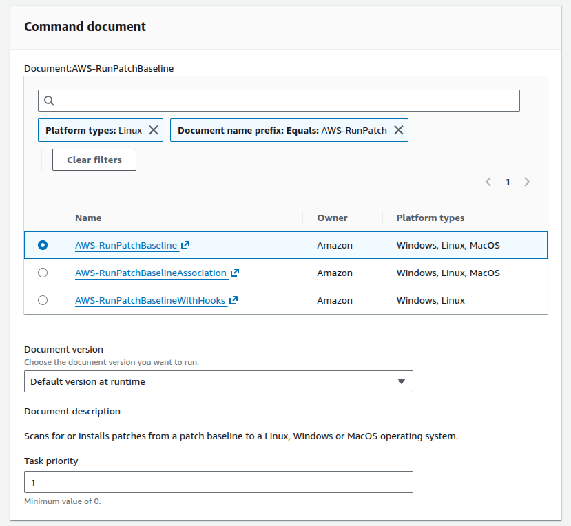 Selecting the AWS-RunPatchBaseline command document