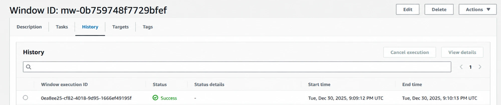 Successful scheduled Maintenance Window execution