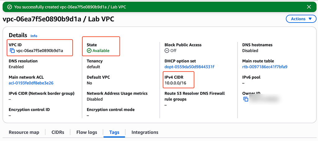 Lab VPC available with the 10.0.0.0/16 IPv4 CIDR