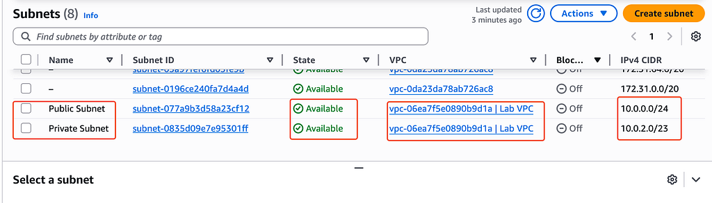 The public and private subnets inside Lab VPC