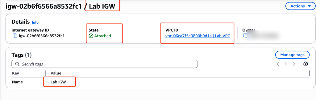The Lab internet gateway attached to Lab VPC