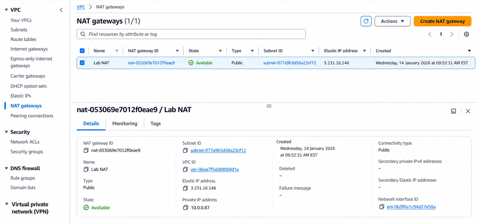 The NAT gateway available in the public subnet