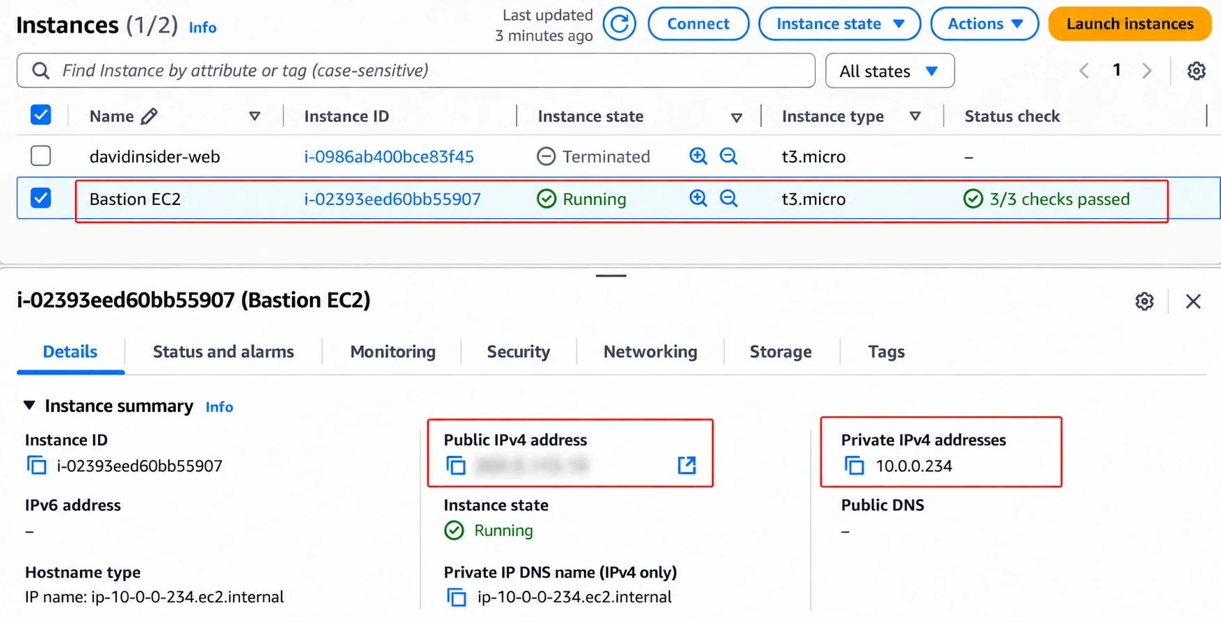 The running bastion instance with public and private IPv4 addresses