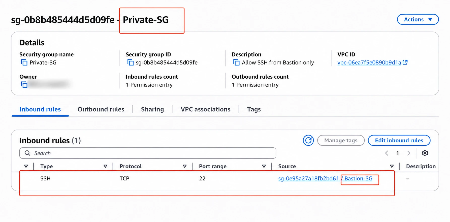 Private-server SSH allowed from the bastion security group