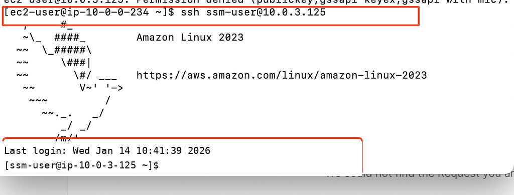 Successful connection from the bastion to the private instance