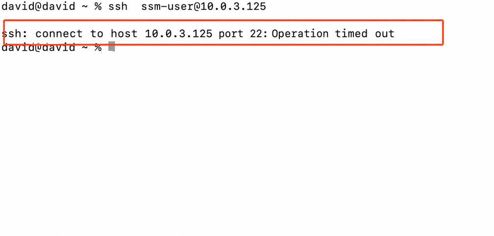 A direct internet SSH attempt to the private address fails