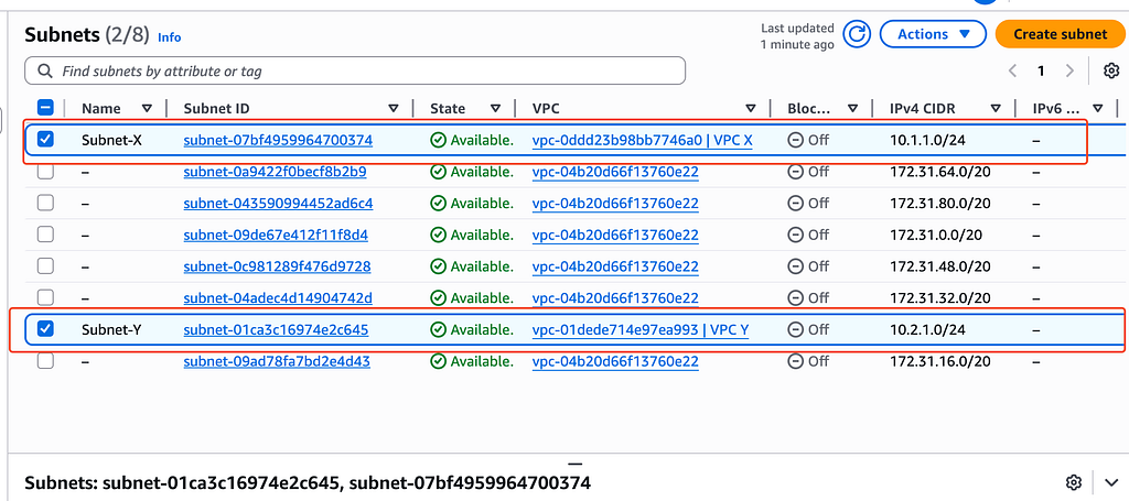Subnet X and Subnet Y in their respective VPCs