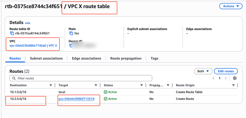 VPC X routes VPC Y traffic through the peering connection