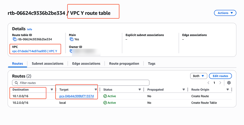 VPC Y contains the required reciprocal route