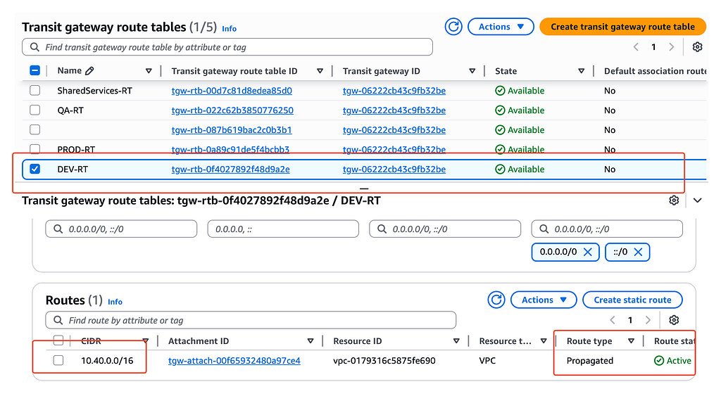 DEV&rsquo;s Transit Gateway route table reaches Shared Services