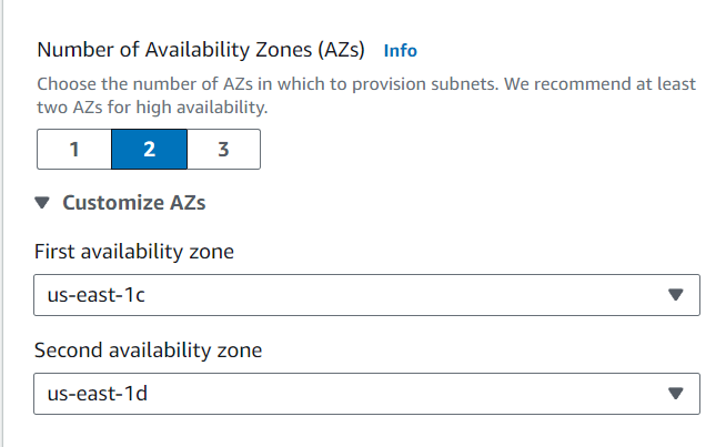 Creating subnets in two supported Availability Zones