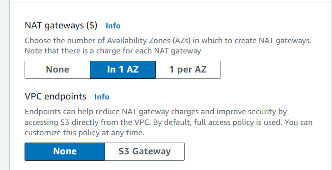 Selecting one NAT gateway and no S3 gateway endpoint