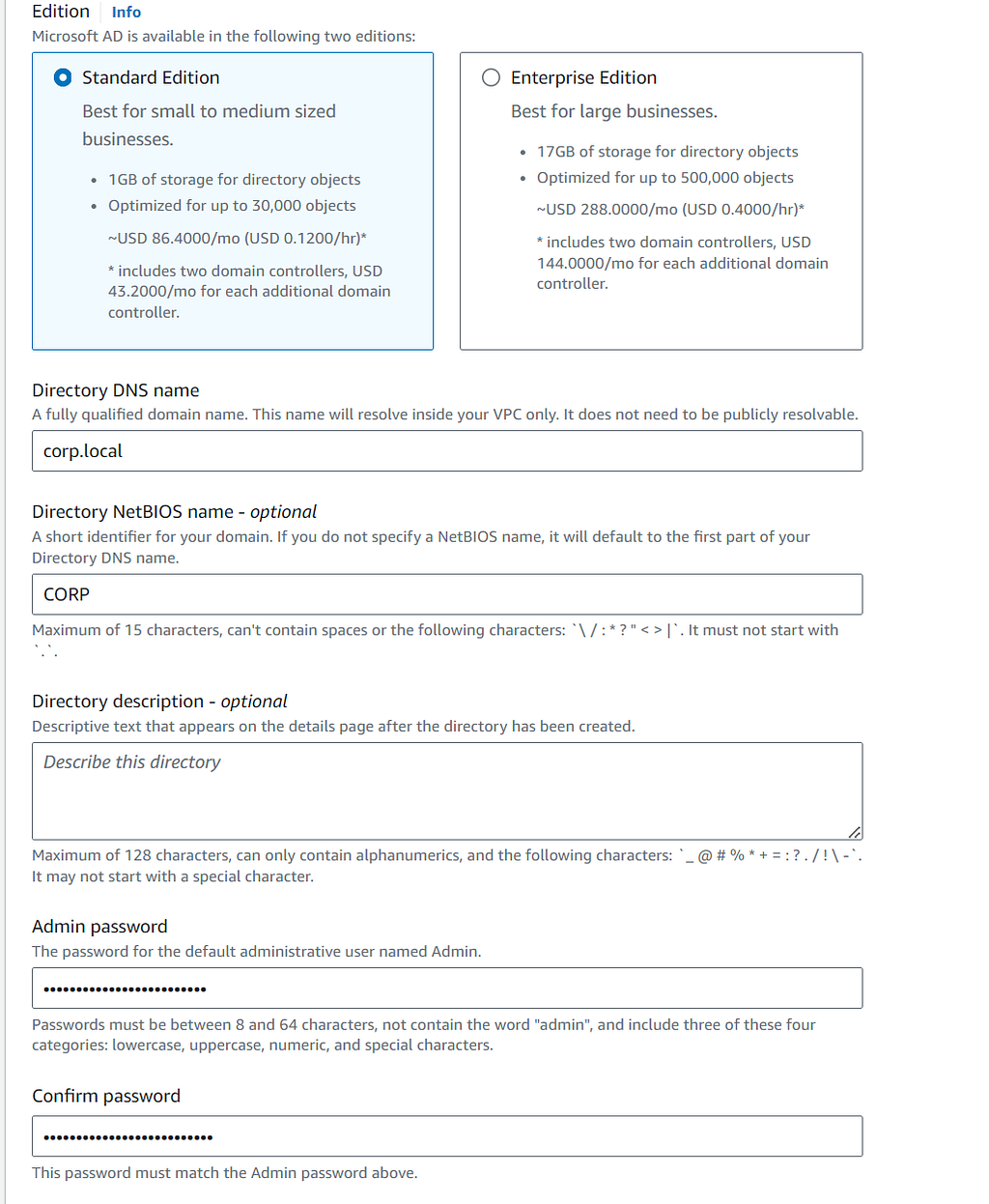 Configuring the Managed Microsoft AD edition and directory names