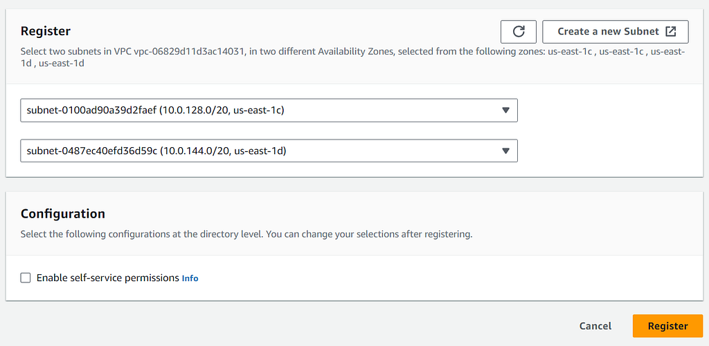 Registering the directory with two private subnets
