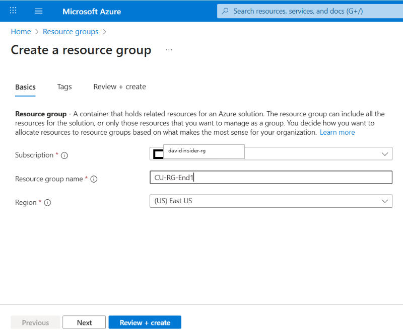 Creating the Azure resource group for Active Directory