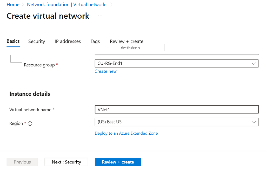 Creating VNet1 in the resource group