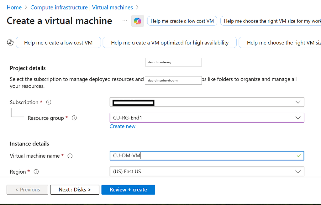 Naming the Domain Controller VM and selecting its resource group