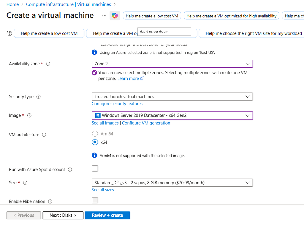 Selecting the Windows Server image and VM size