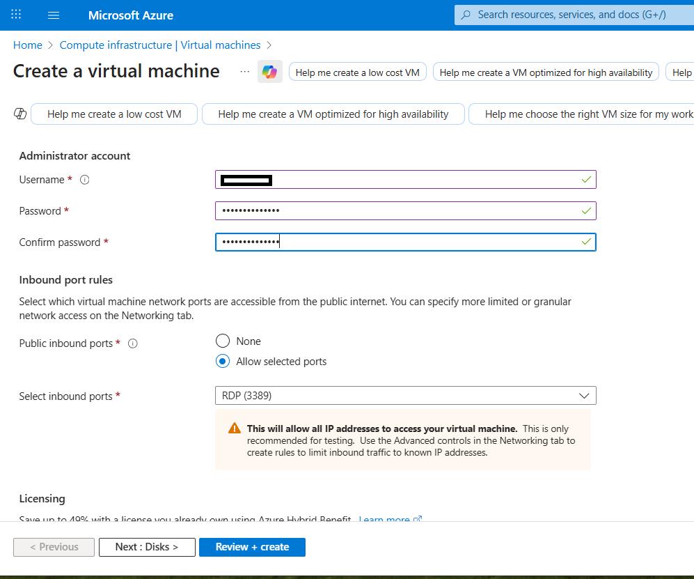Creating the administrator account and selecting RDP