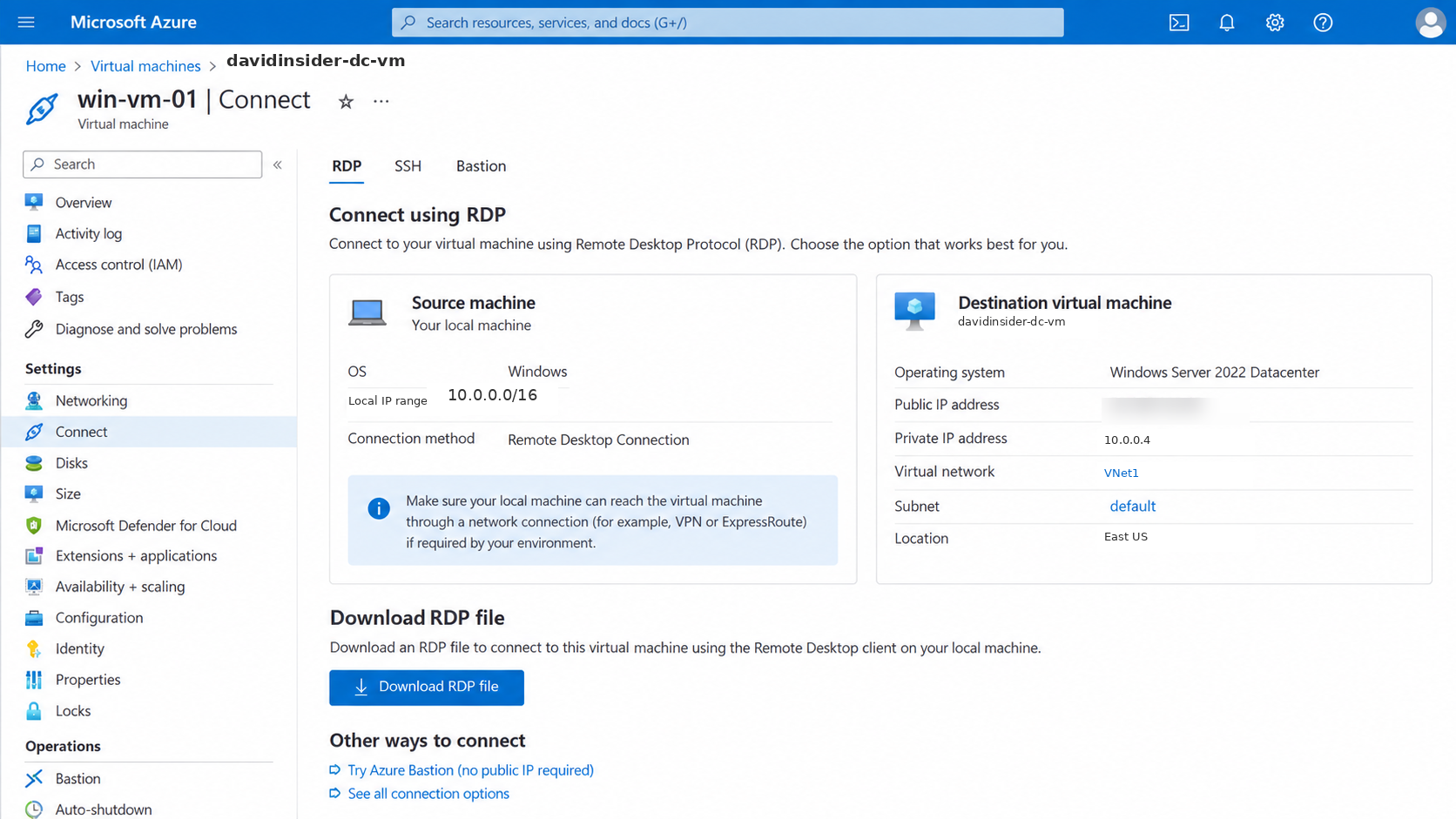 Downloading the RDP connection file for CU-DC-VM