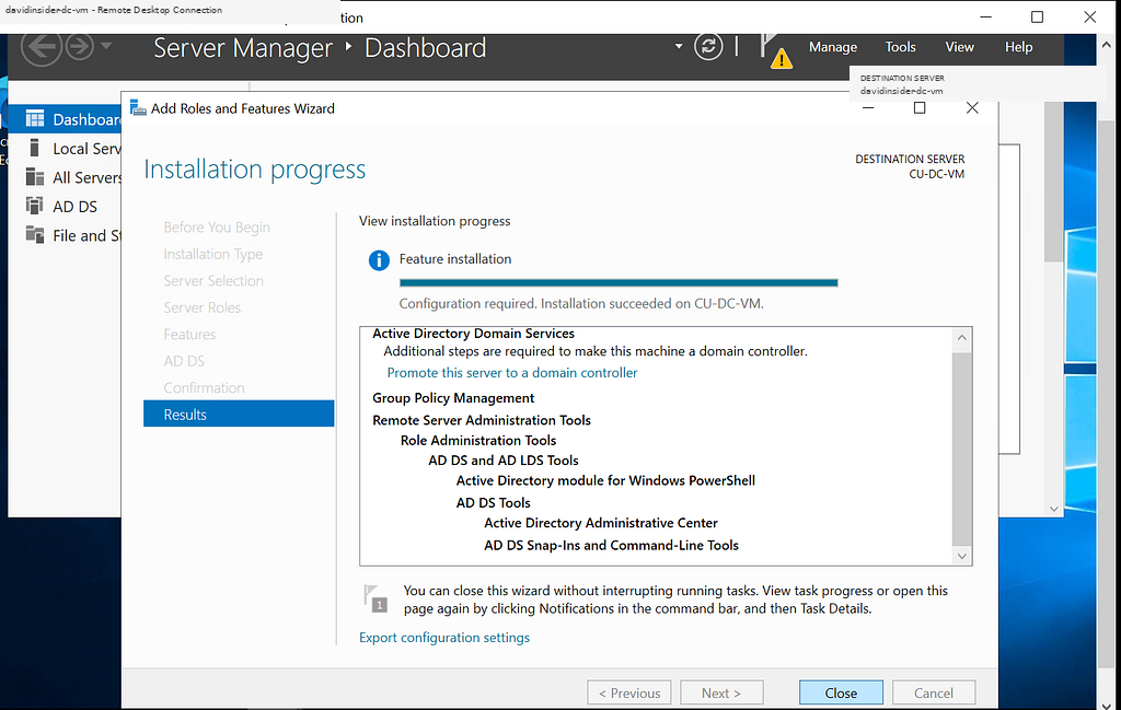 Active Directory Domain Services installed successfully