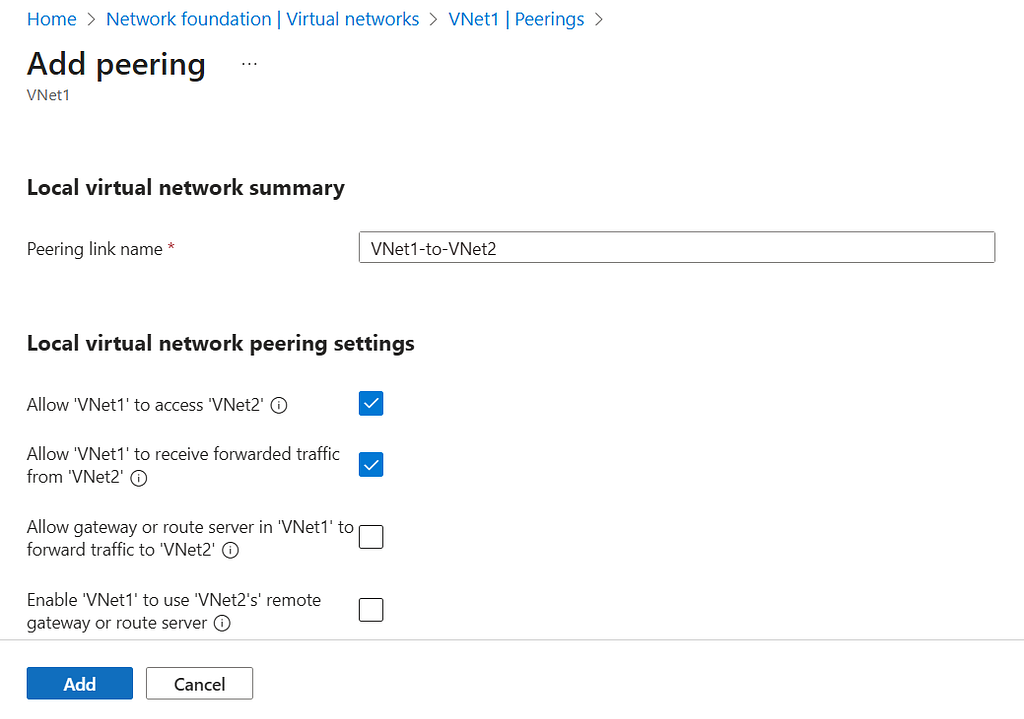 Configuring the local side of the VNet peering
