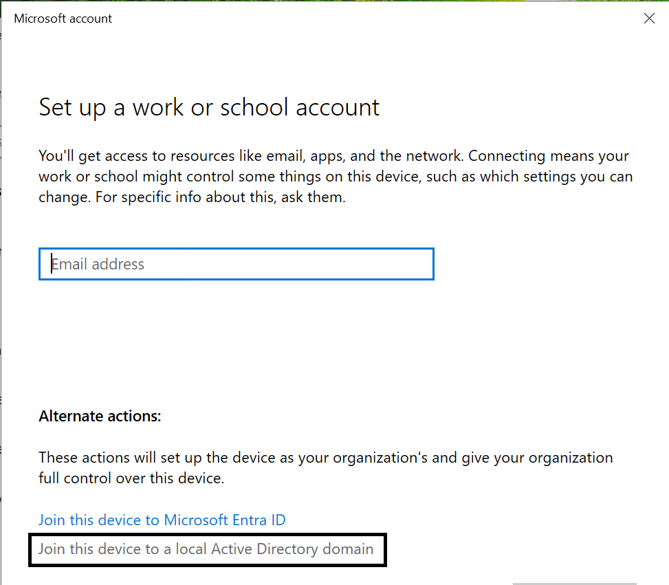 Selecting the local Active Directory domain join option