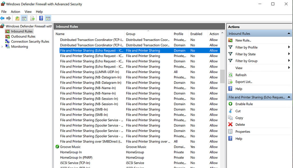 Enabling the built-in ICMPv4 echo request firewall rule
