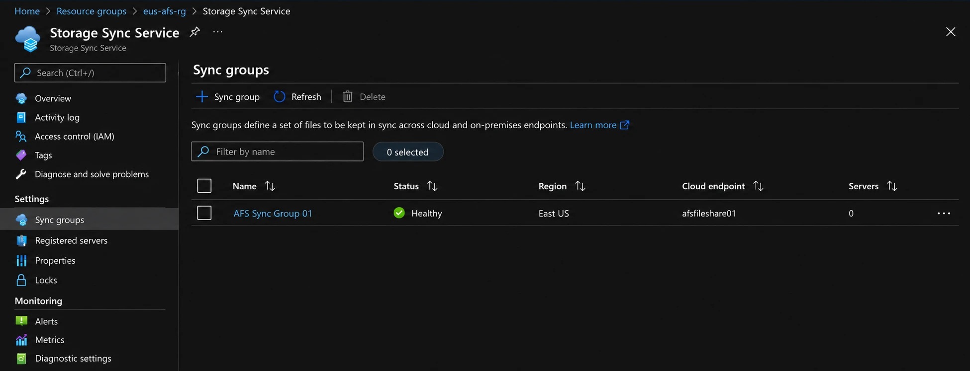The new sync group is healthy in the Storage Sync Service