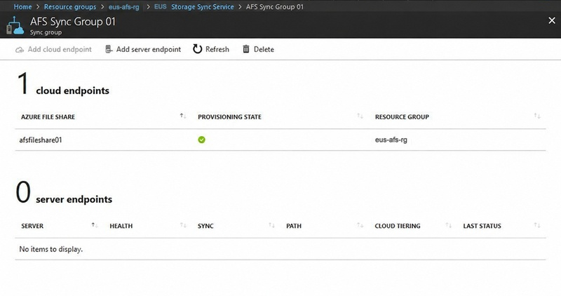 The Azure file share is connected as the cloud endpoint