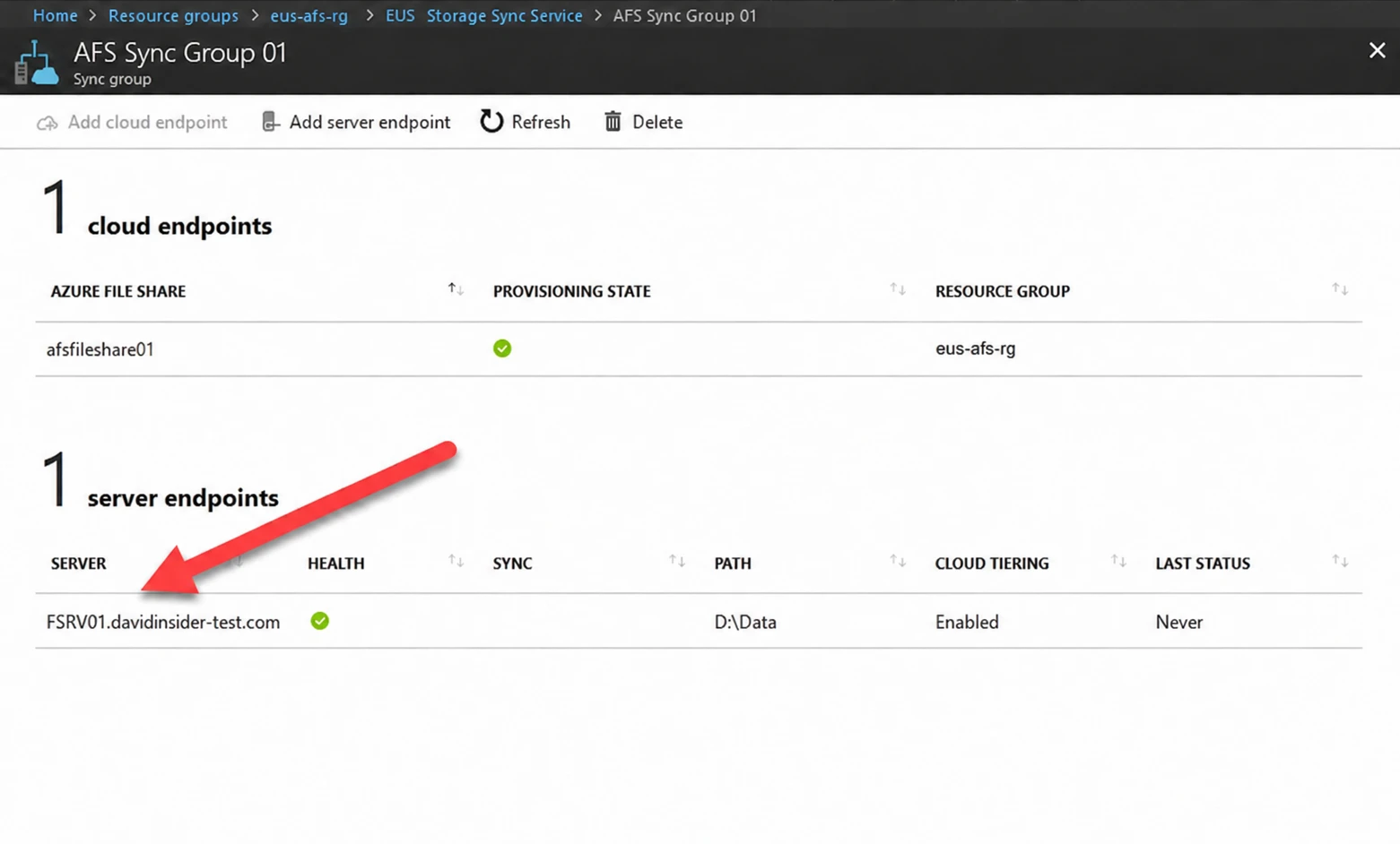 The registered Windows Server appears as a healthy server endpoint