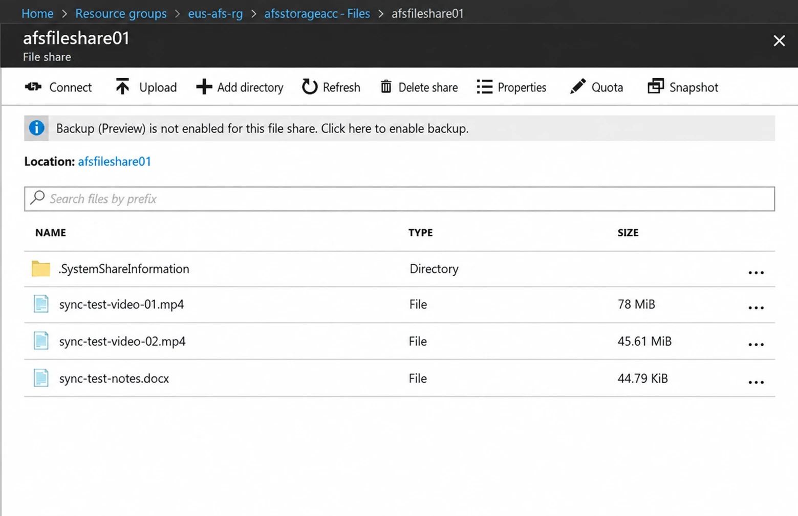 Synchronized files visible in the Azure file share