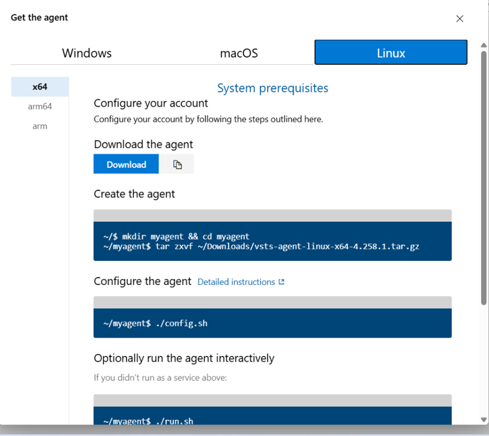 Linux self-hosted agent setup instructions