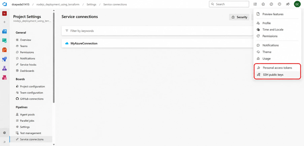 Azure DevOps user settings for personal access tokens