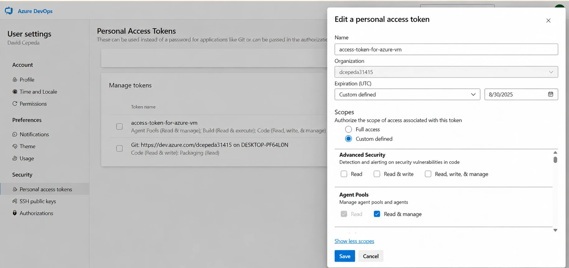 PAT permissions used for agent registration