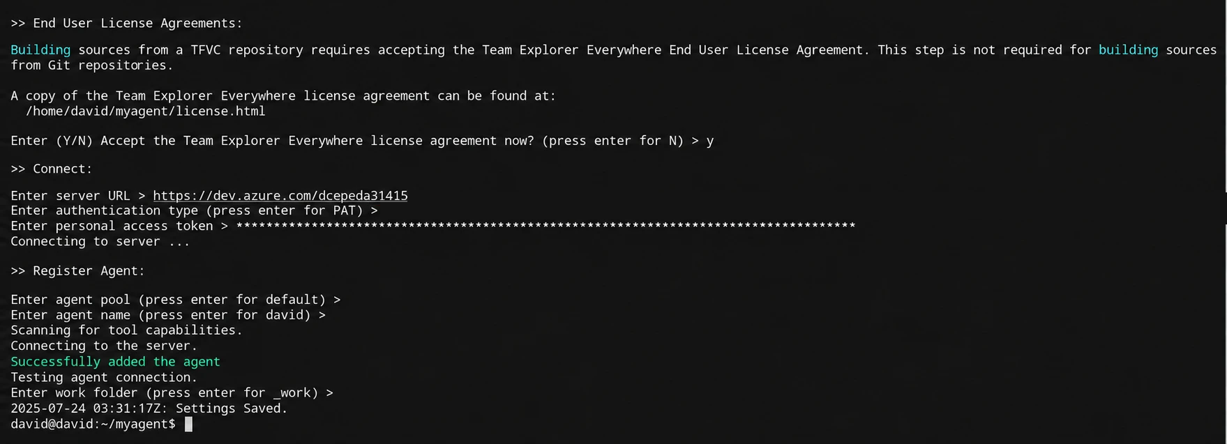 Linux agent configuration requesting Azure DevOps credentials